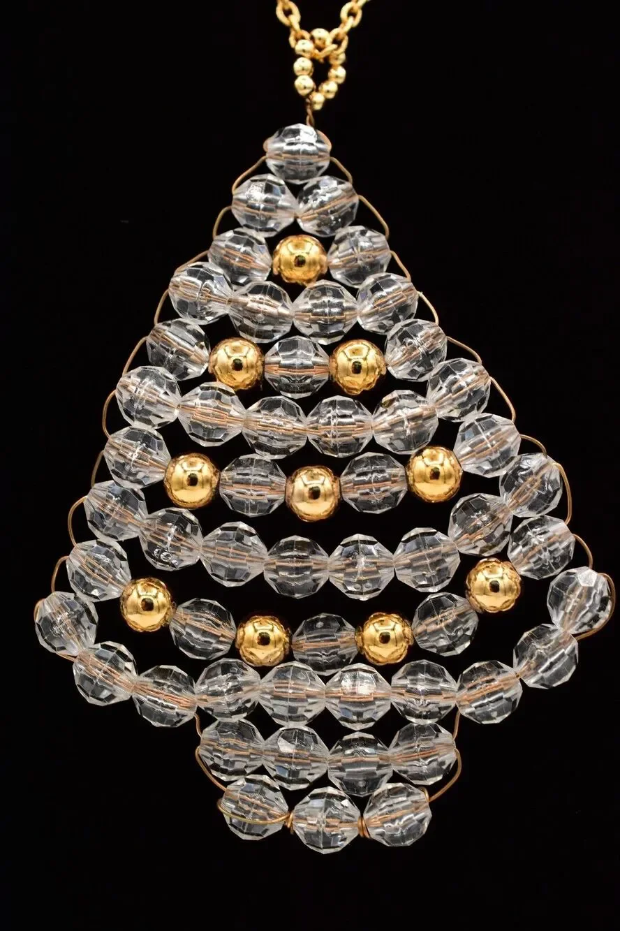 Vintage Beaded Christmas Tree Pendant Necklace Lucite Beaded Clear 1990s BinBD